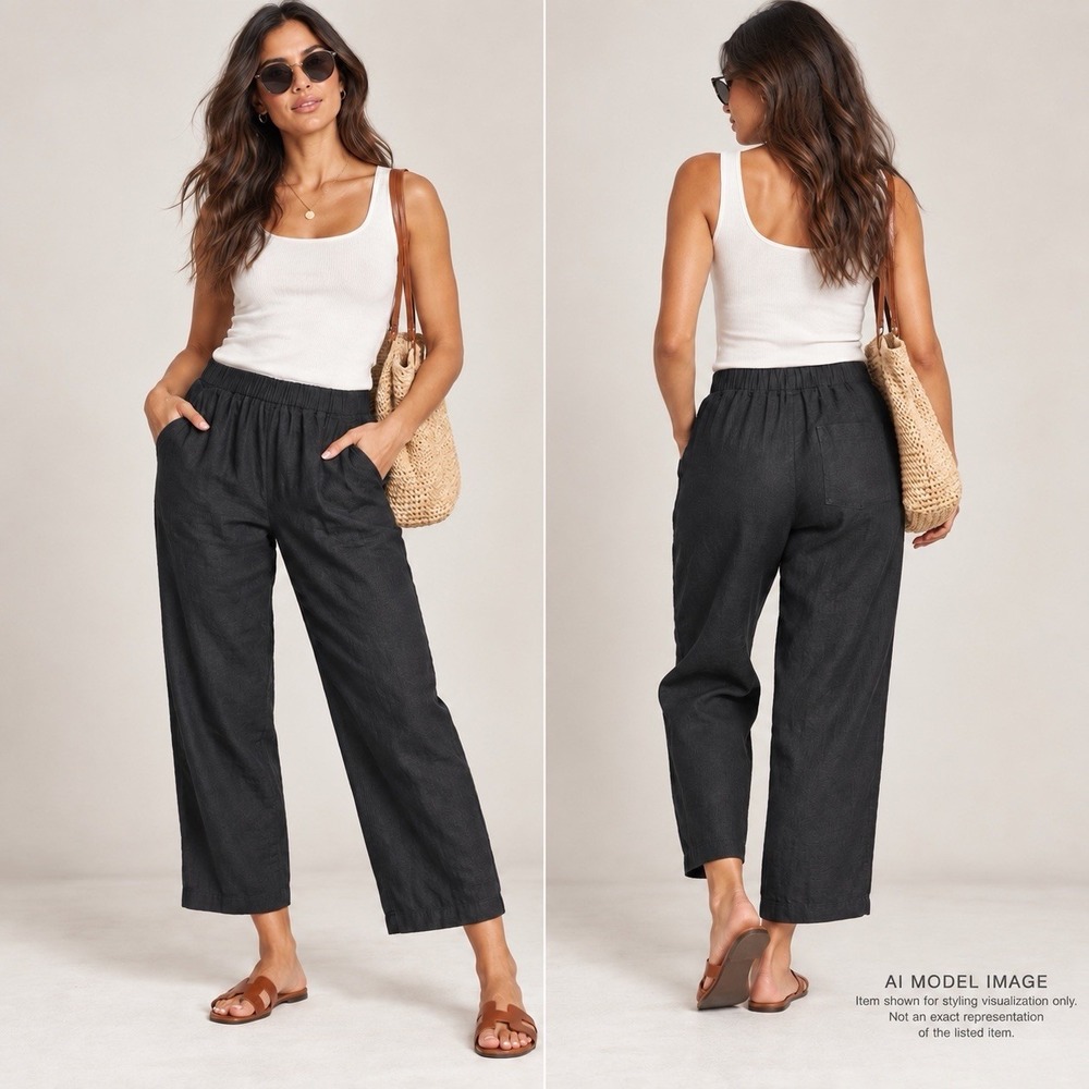 Quince Women's XL Black 100% European Linen Pants Elastic Waist Cropped Coastal